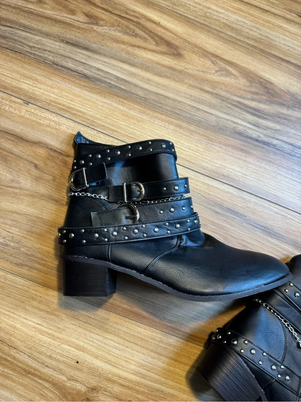 Women's Black Studded Ankle Booties with Decorative Straps